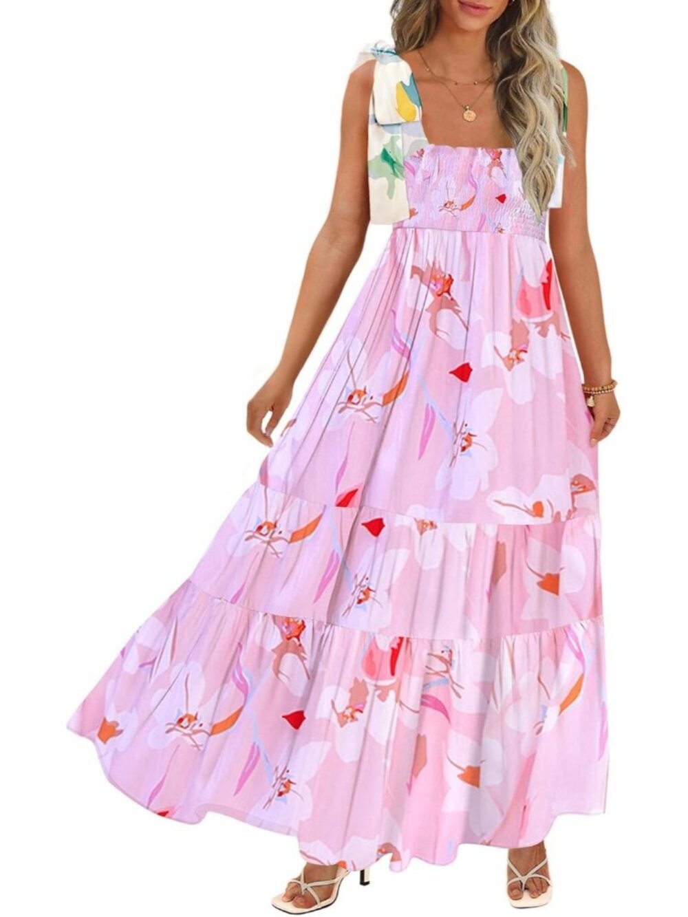 Women's Pale Pink  Boho Spaghetti Straps Flowy Casual Long A-line Maxi Dress